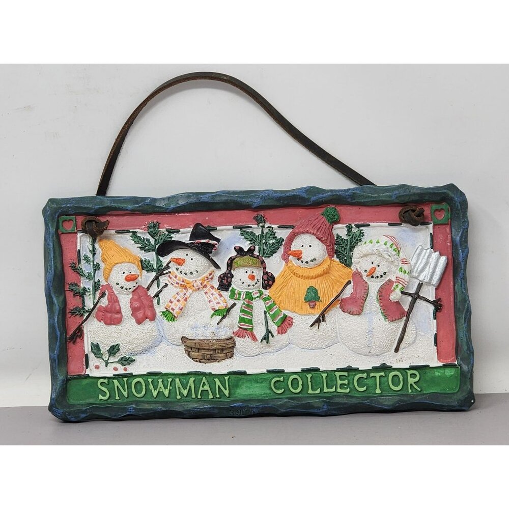 Christmas Holiday Snowman Collector Wall Plaque With Rustic Leather Strap